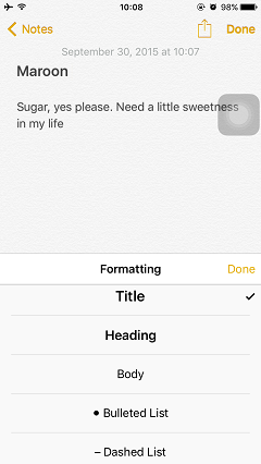Formatting Menu in iOS 9 Notes