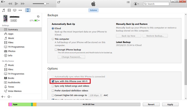 Set Wireless Sync in iTunes
